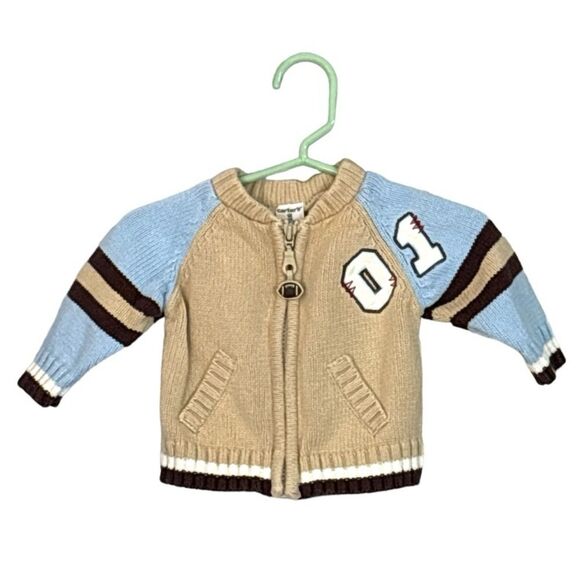 Carter's | Infant Boys Football Letterman Blue Tan Zip Knit Cardigan Sweater 0-3 - Picture 1 of 14
